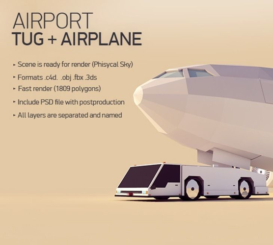 Cartoon Low Poly Tug and Airbus Low-poly 3D model