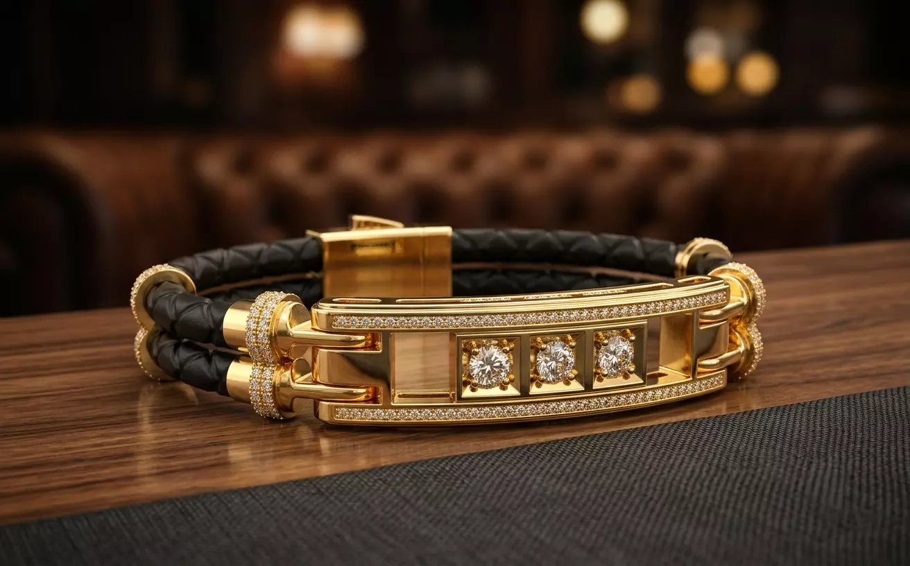 Bracelets Leather with gold inserts and diamonds 3D print model