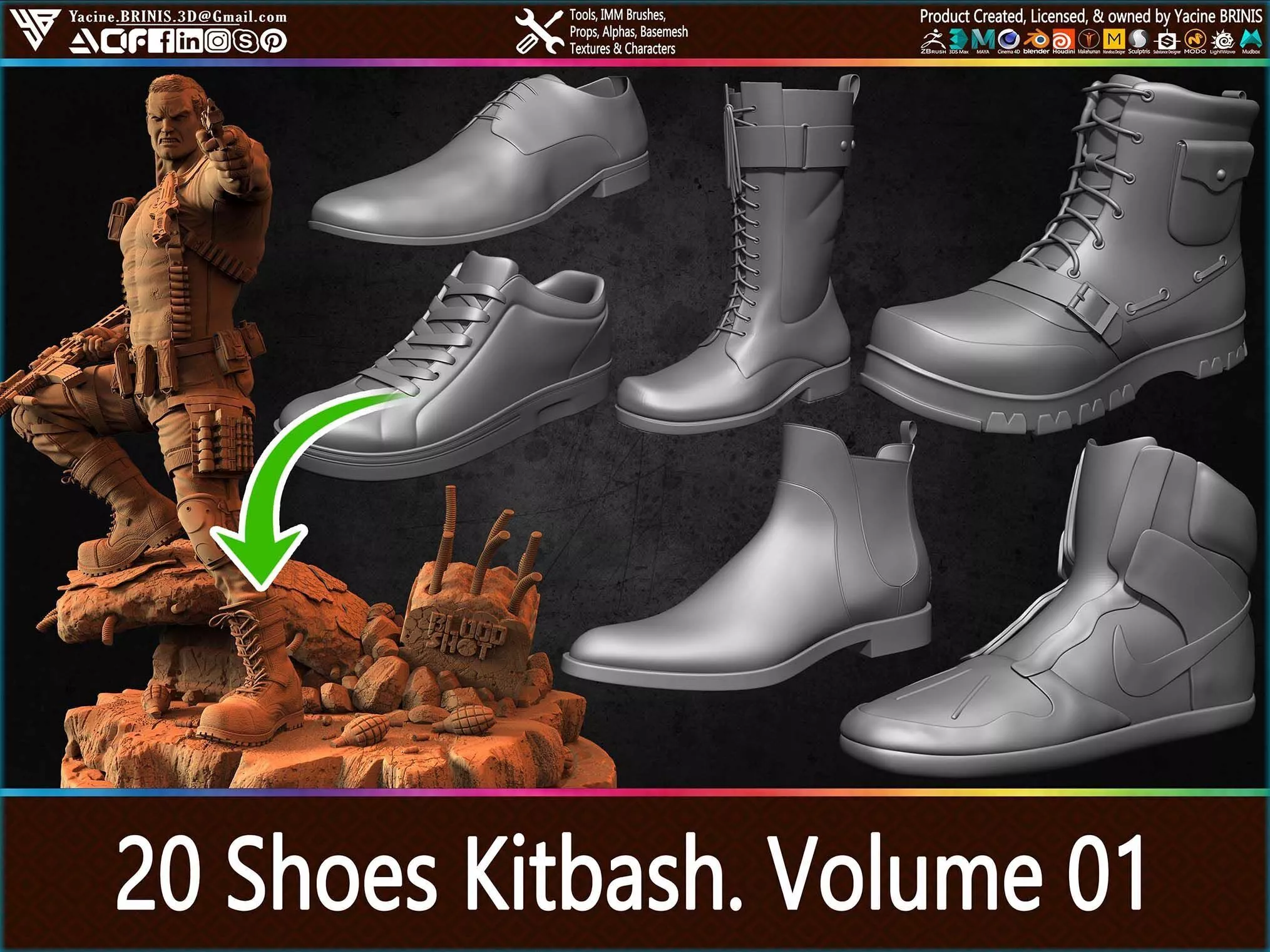 Pack of 20 Shoes Kitbash Volume 01 Low-poly 3D model