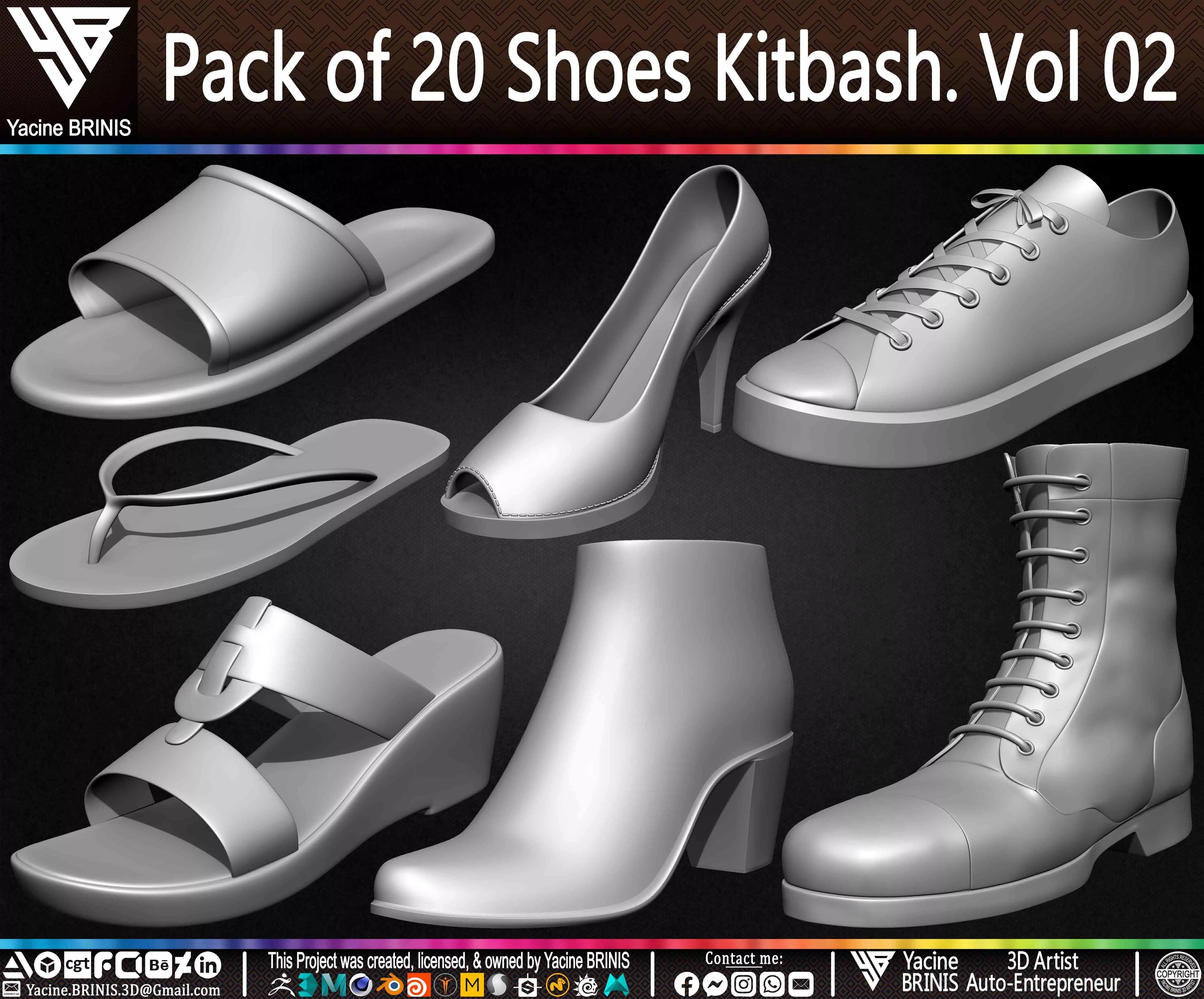 Pack of 20 Shoes Kitbash Volume 02 Low-poly 3D model