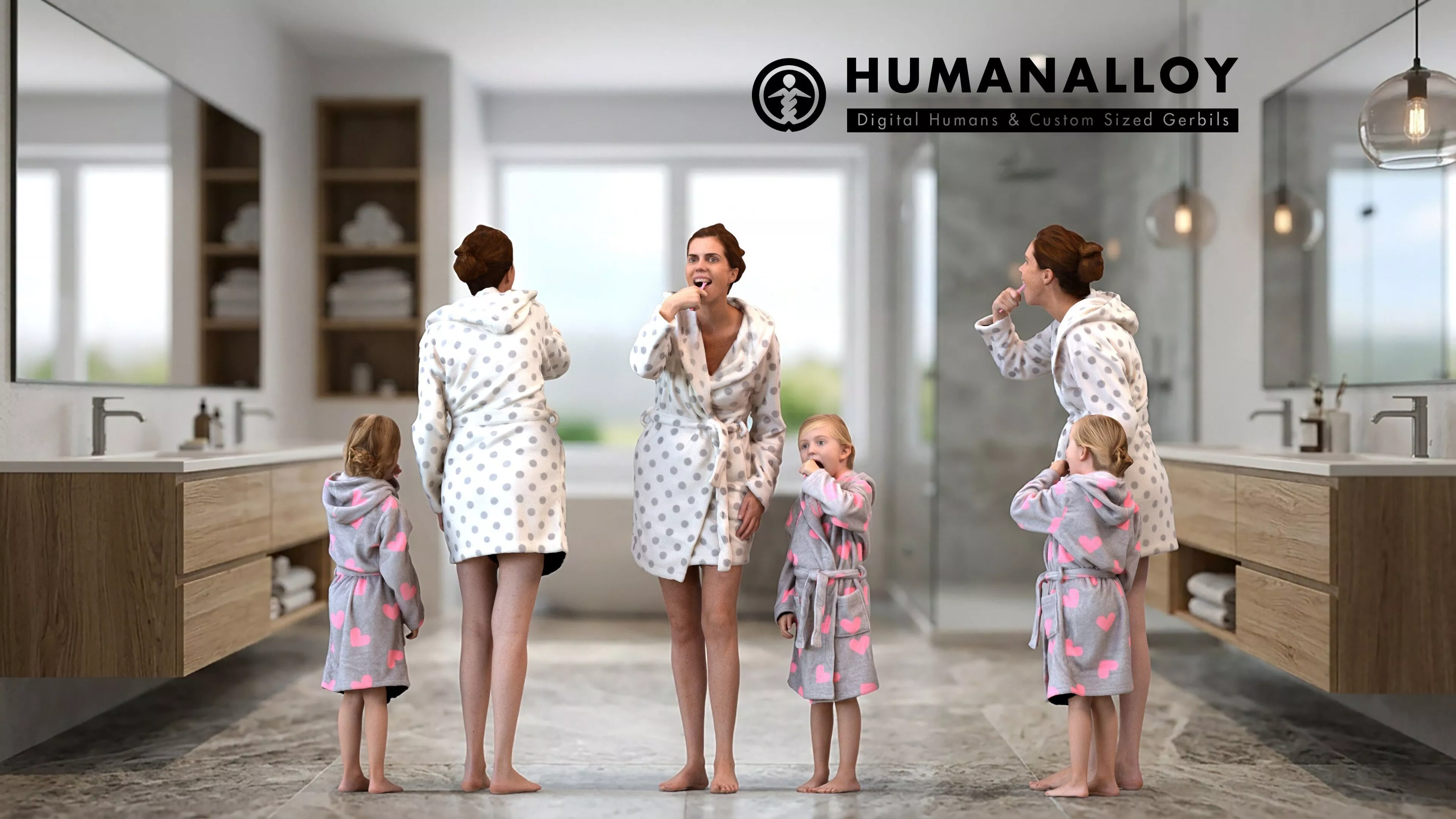 Adult Caucasian woman in pajamas brushing childs hair at home 3D model