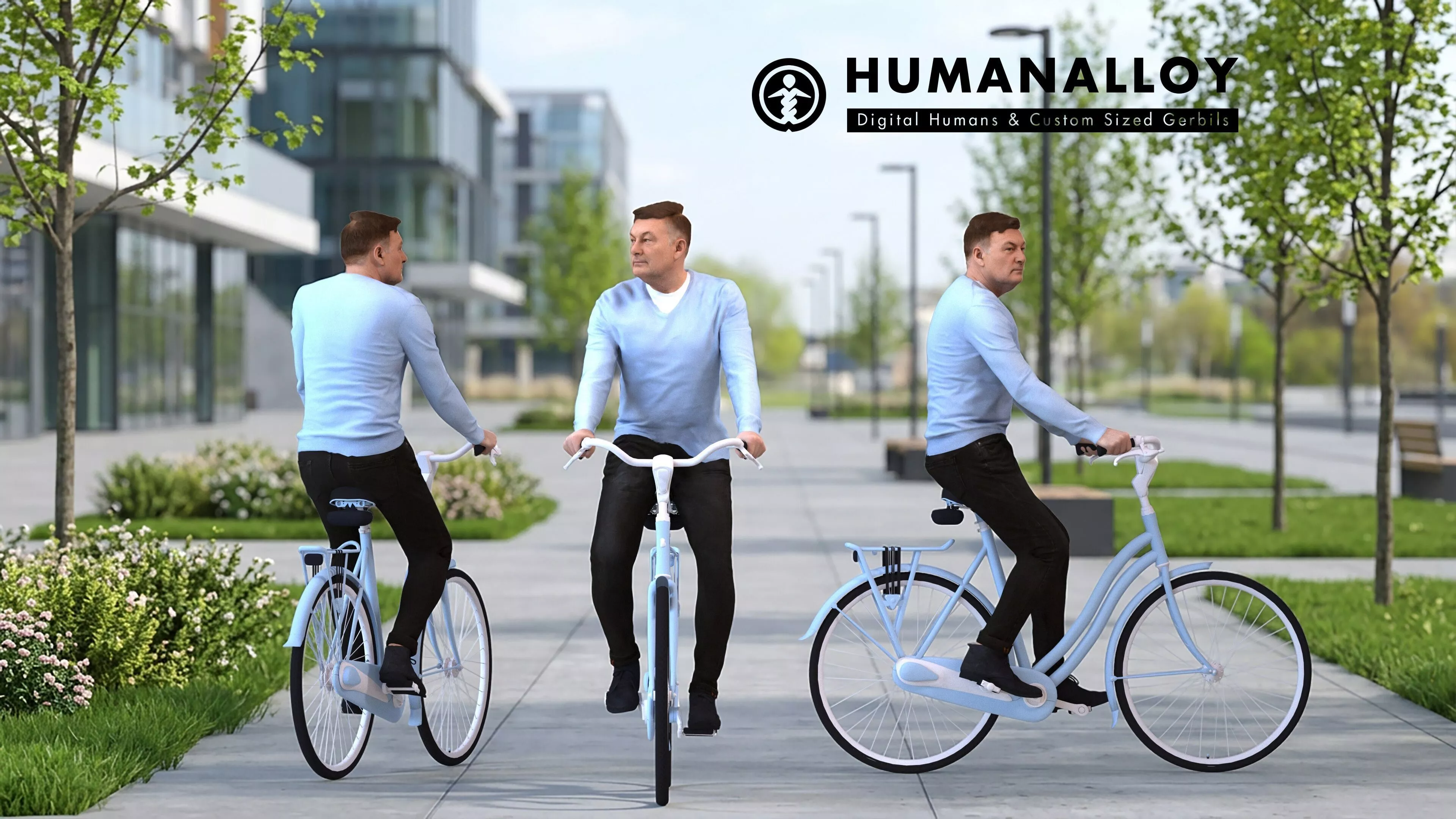 Adult Caucasian man cycling through public space in 3D model