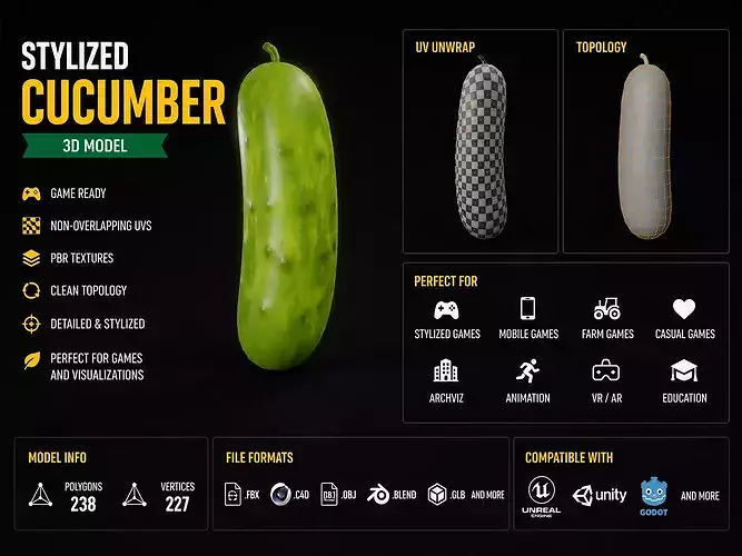 Stylized Cucumber Low Poly Game Ready 3D Model Low-poly 3D model