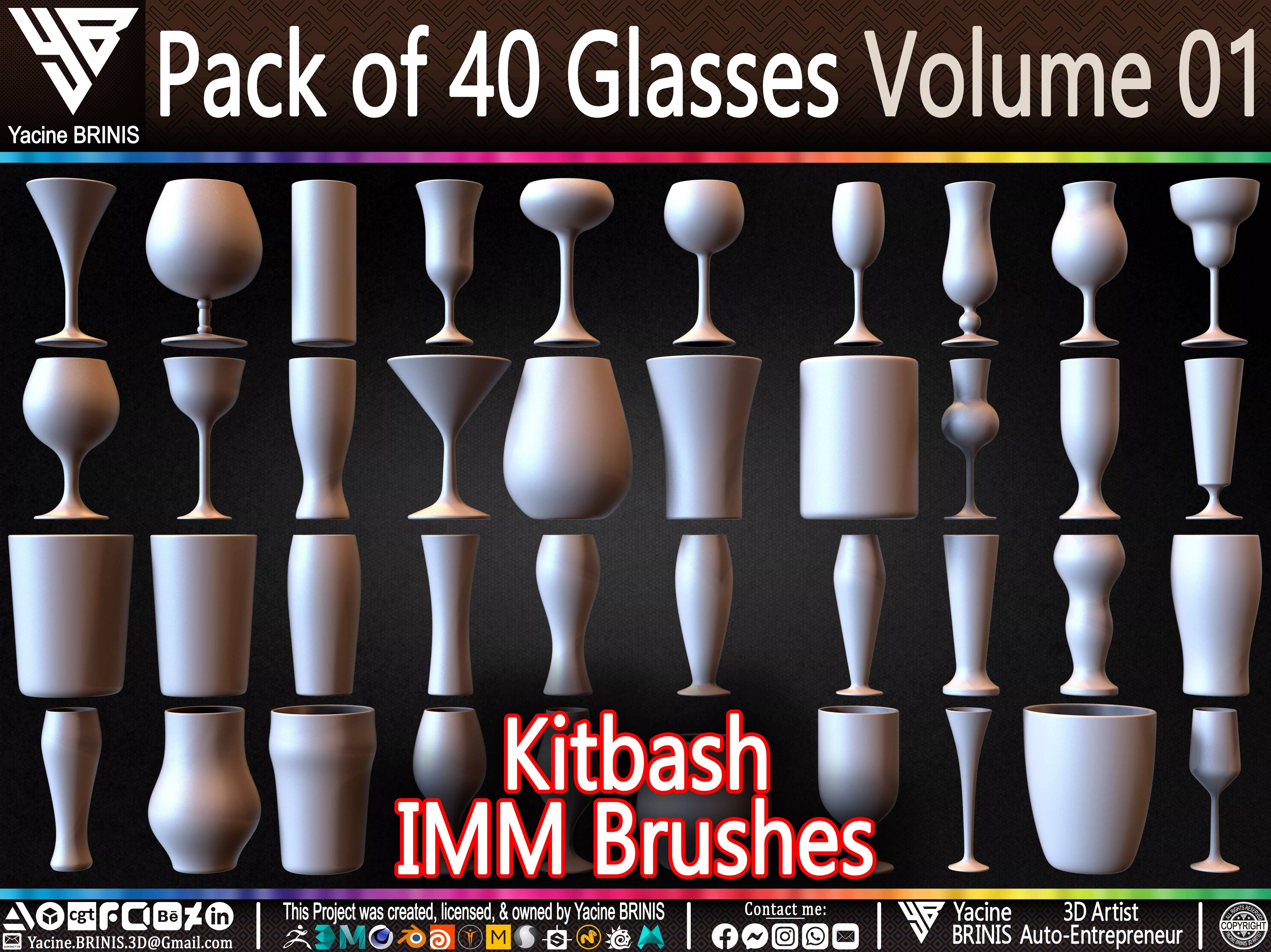Pack of 40 Glasses Volume 01 Low-poly 3D model