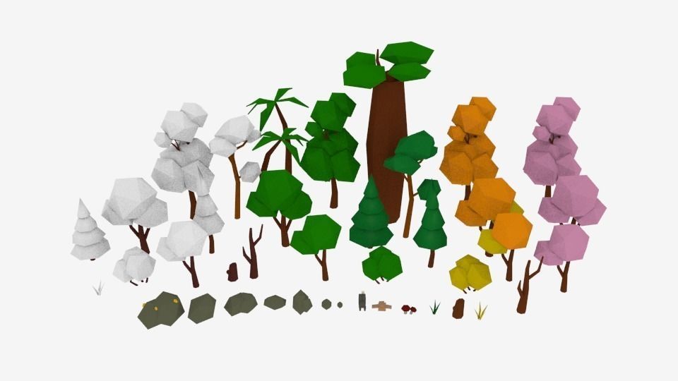 Lowpoly nature collection 2 trees in style Free low-poly 3D model_0