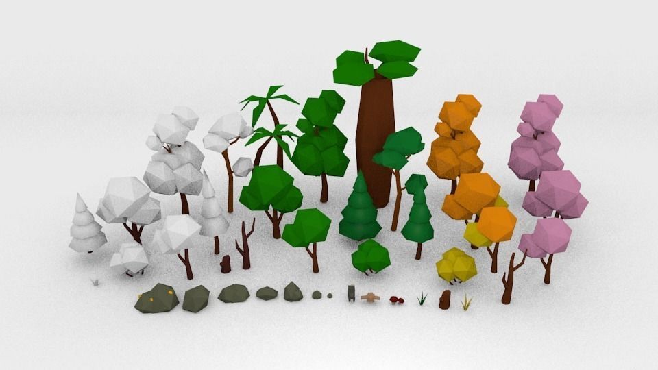 Lowpoly nature collection 2 trees in style Free low-poly 3D model_1