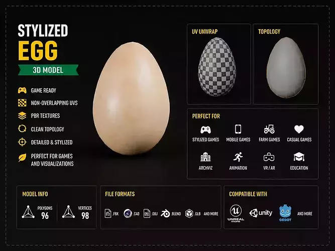 Stylized Egg Low Poly Game Ready 3D Model Low-poly 3D model