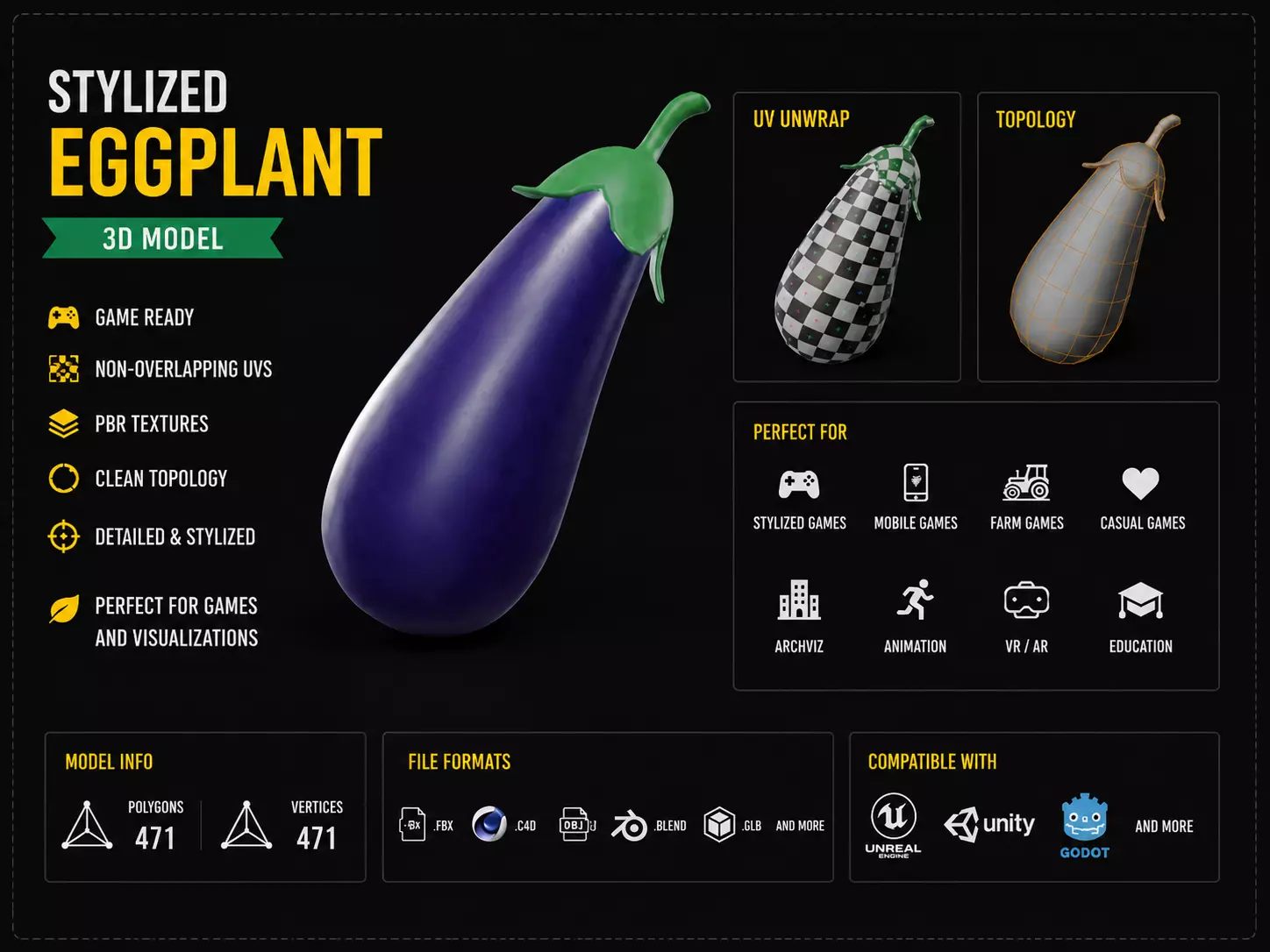 Stylized Eggplant Game Ready Vegetable Asset Low-poly 3D model