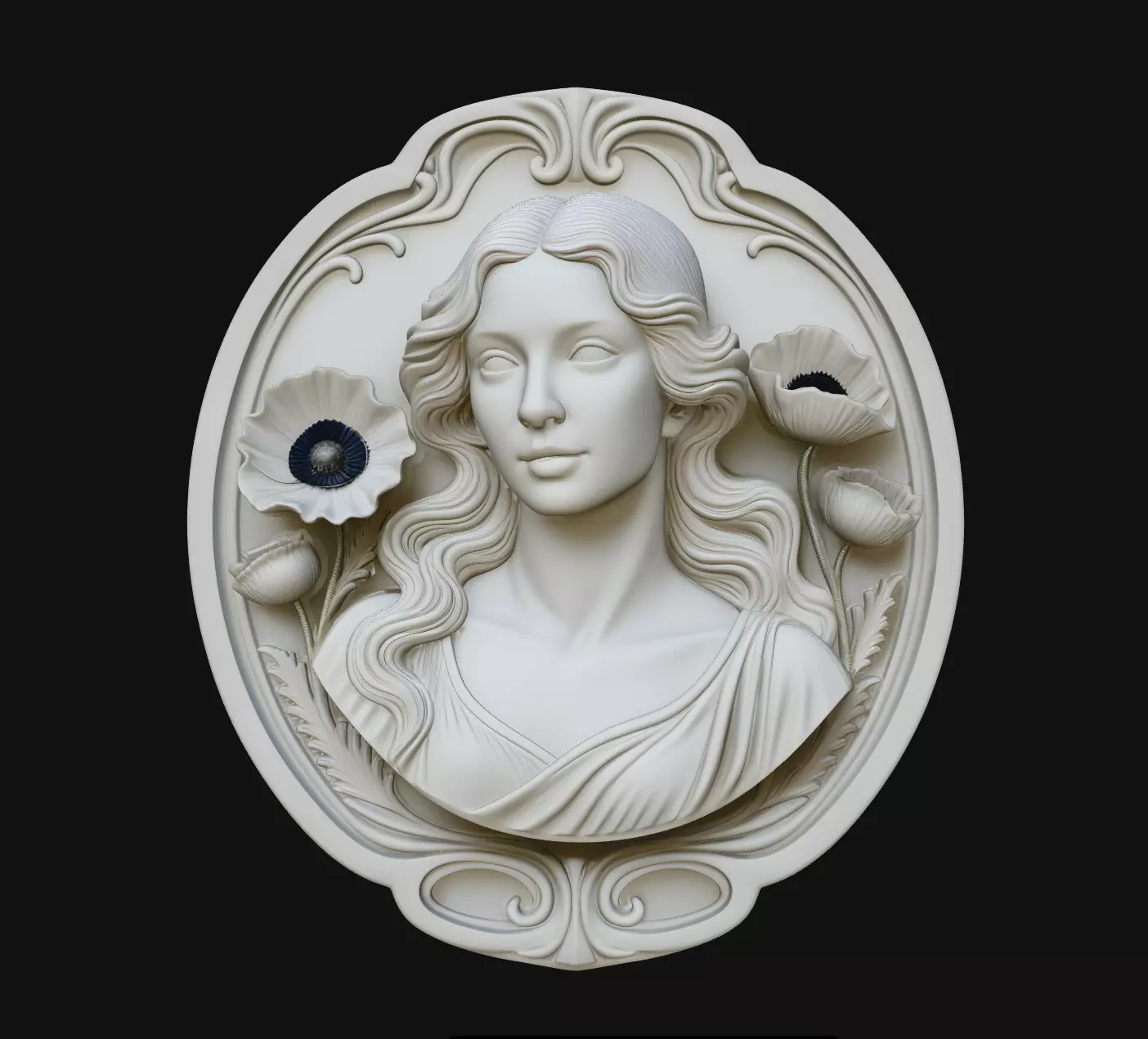 Art Nouveau Lady Oval Floral Relief Cameo Pendant Charm 3D print model