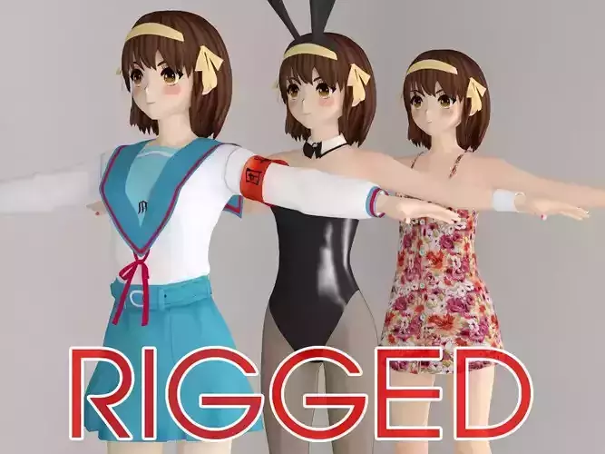 T pose rigged model of Haruhi anime girl 3D model