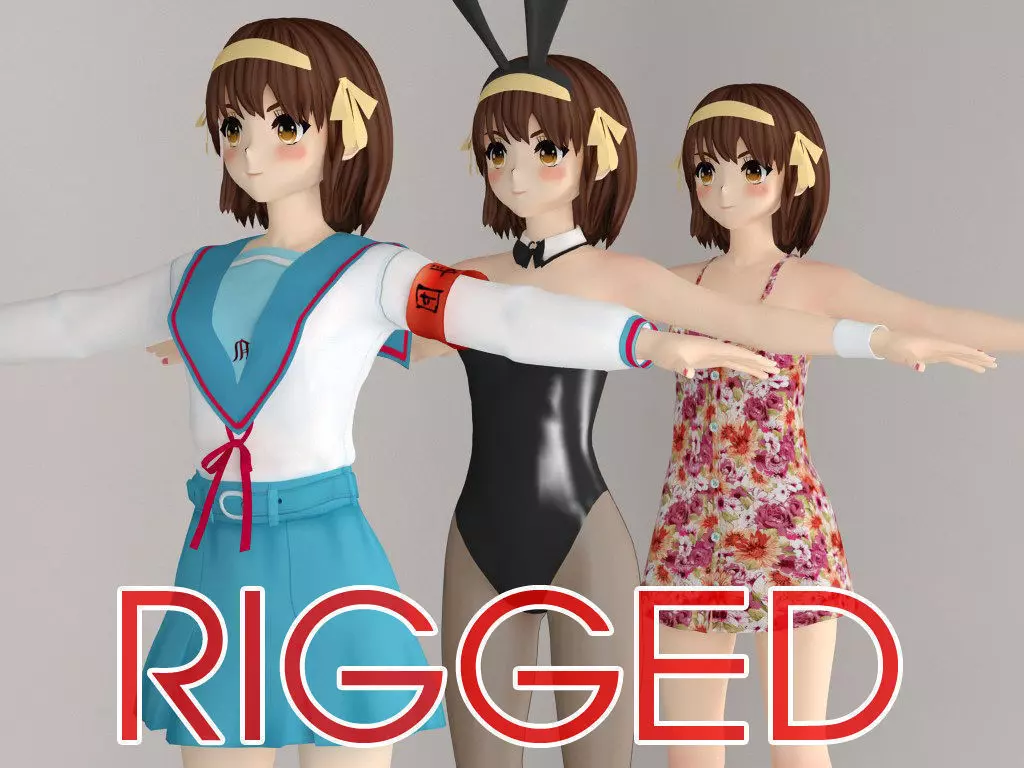 T pose rigged model of Haruhi anime girl 3D model_0