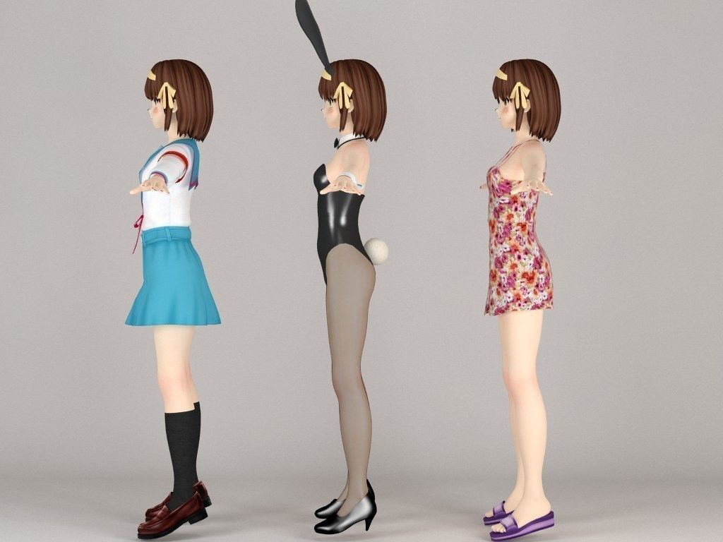 T pose rigged model of Haruhi anime girl 3D model_6