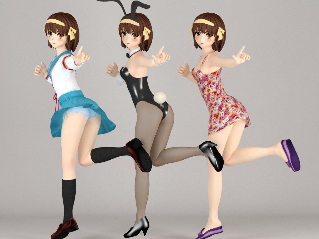 T pose rigged model of Haruhi anime girl 3D model_1