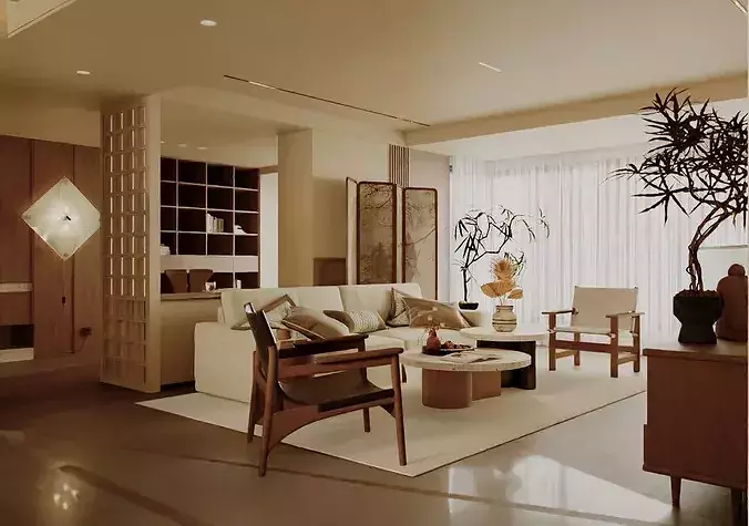 Wabi sabi Japanese Living Modern Japanese Living and Dining 3D model 7