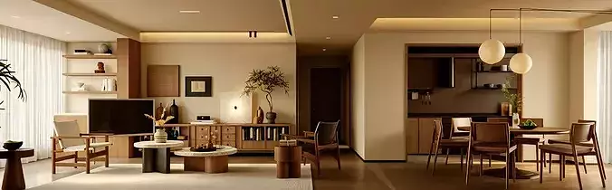 Wabi sabi Japanese Living Modern Japanese Living and Dining 3D model 2