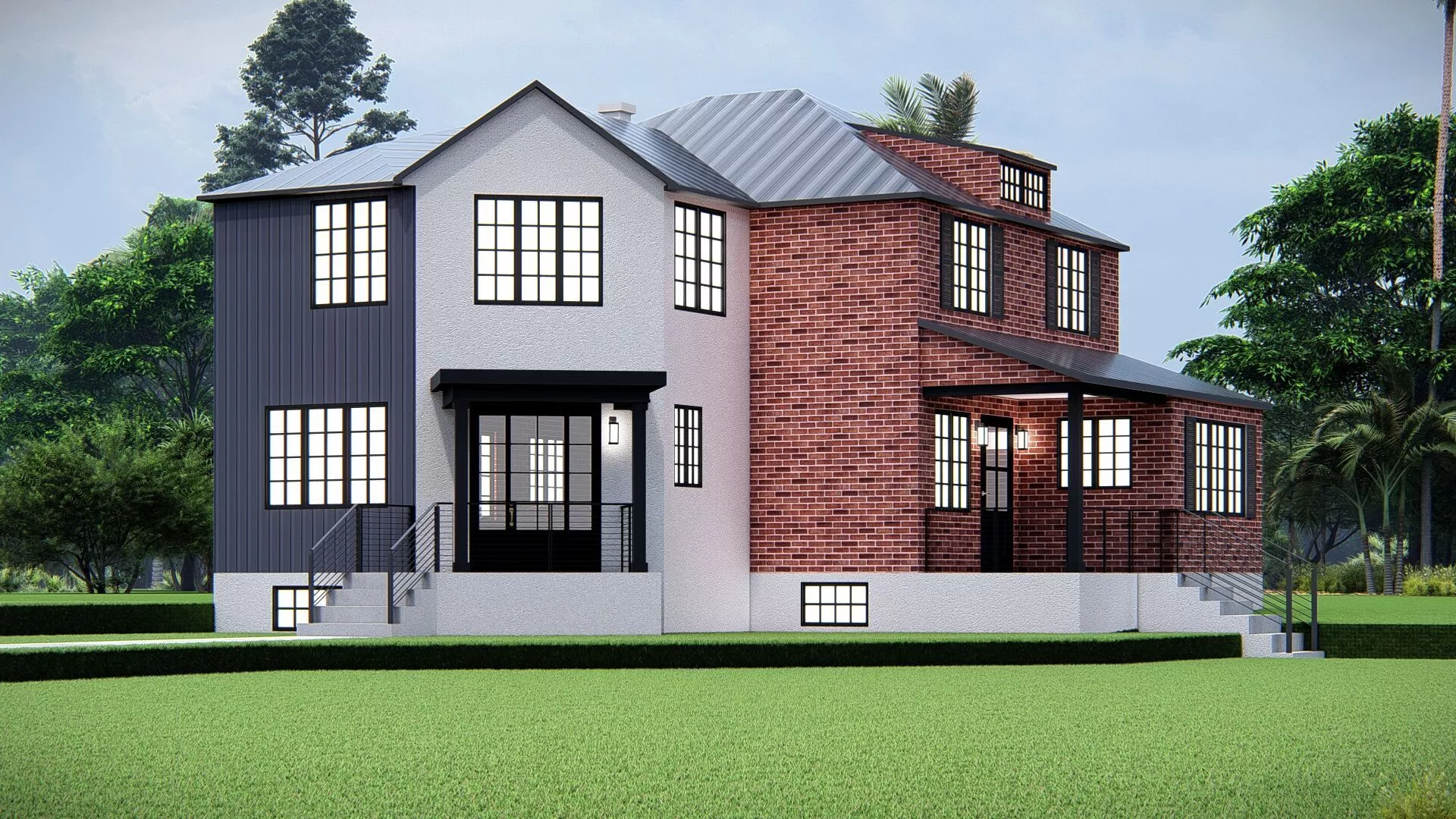 American Traditional Brick House Two-Story Country Home MODEL 3D model