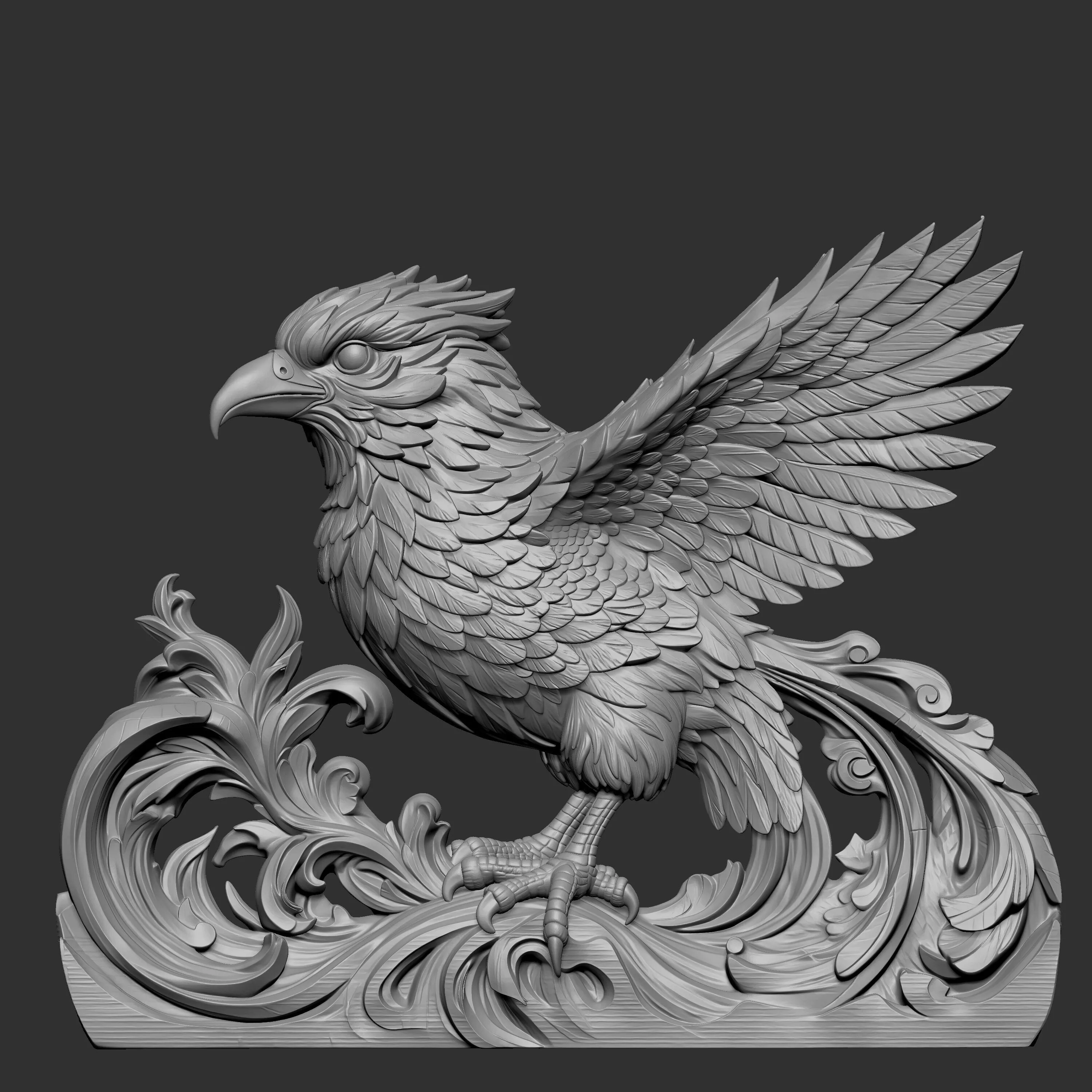 3D digital relief sculpture of a stylized predatory bird 3D print model