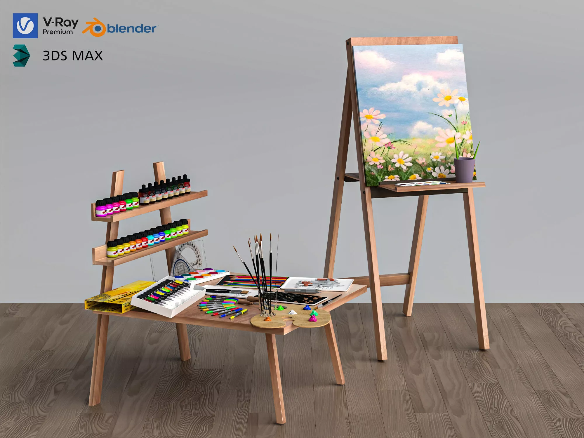 Complete Acrylic Paint Brush Art Prop Asset 3D model