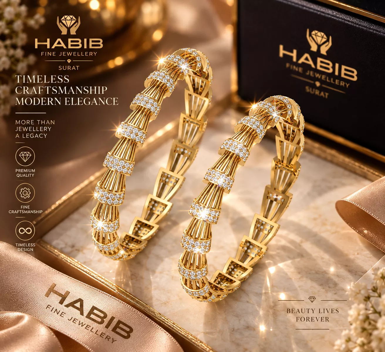 Luxury Diamond Bangle Pair 3D Model 18K Gold Jewelry CAD 3D print model