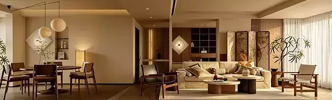 Wabi sabi Japanese Living Modern Japanese Living and Dining 3D model 7
