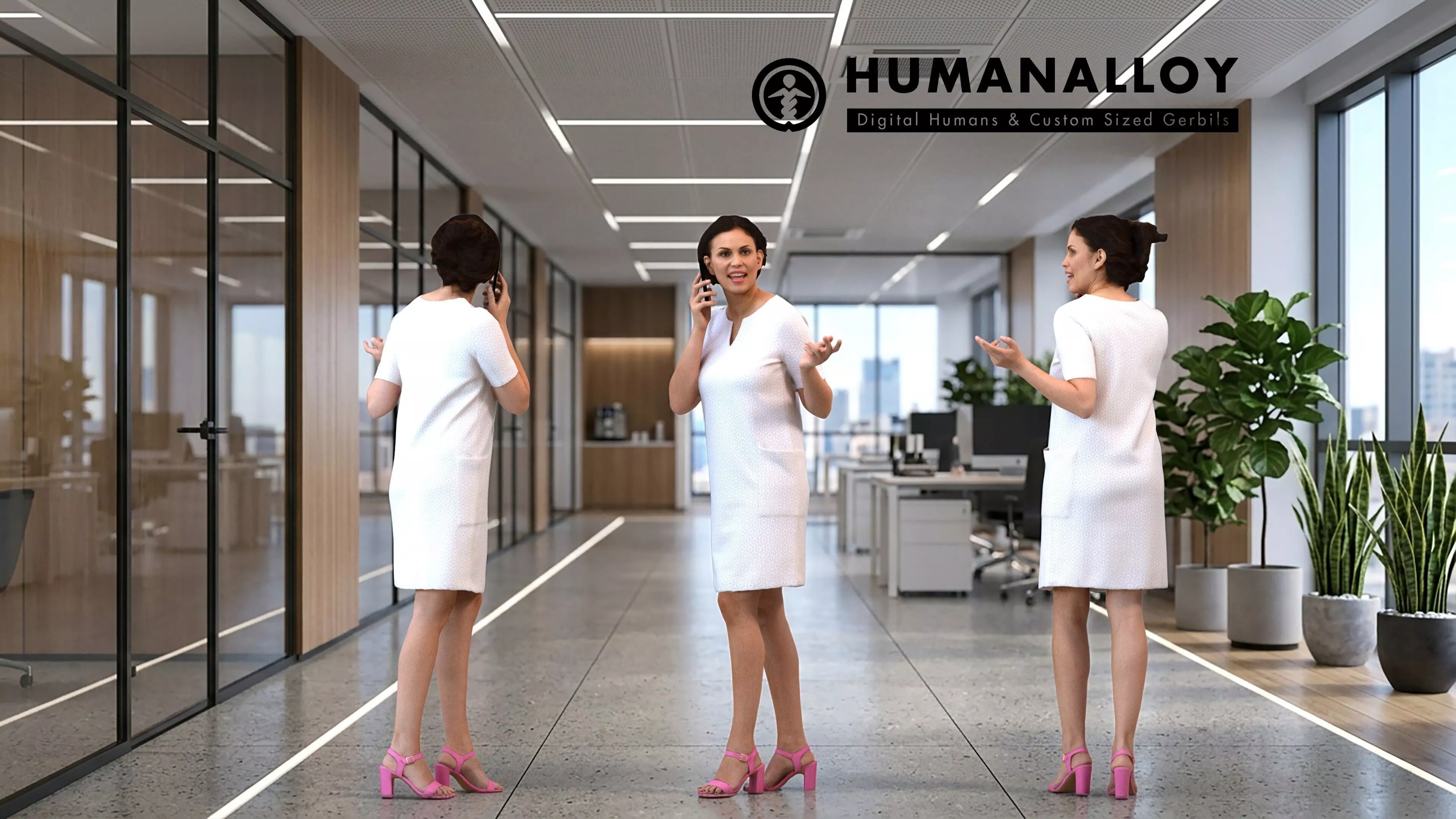 Adult Caucasian woman calling while walking in professional 3D model