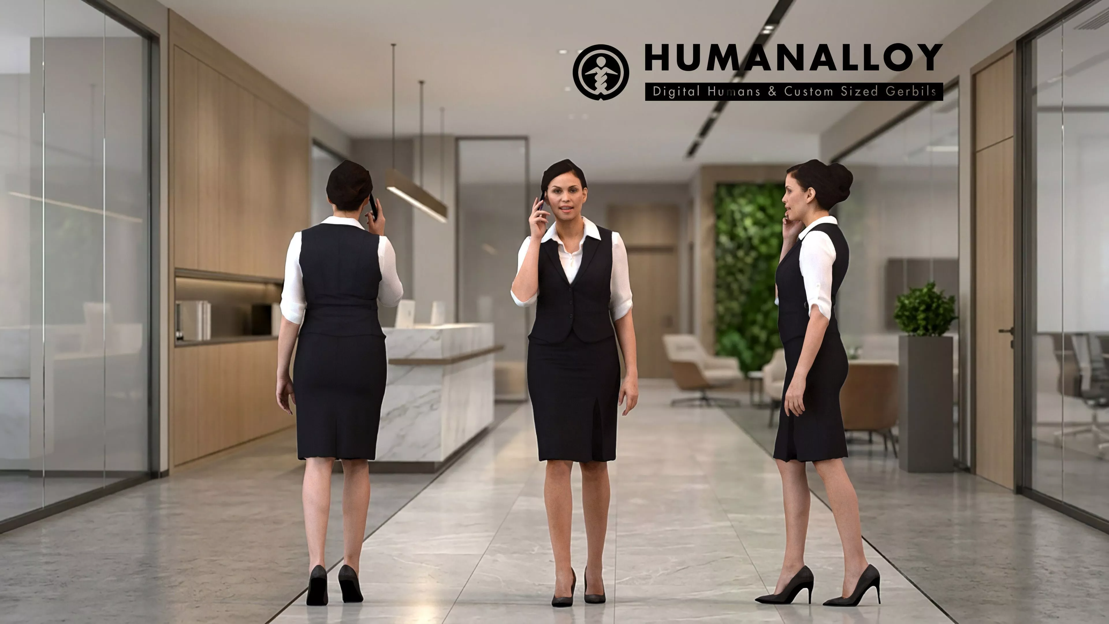 Adult Caucasian woman calling on smartphone in hospitality 3D model