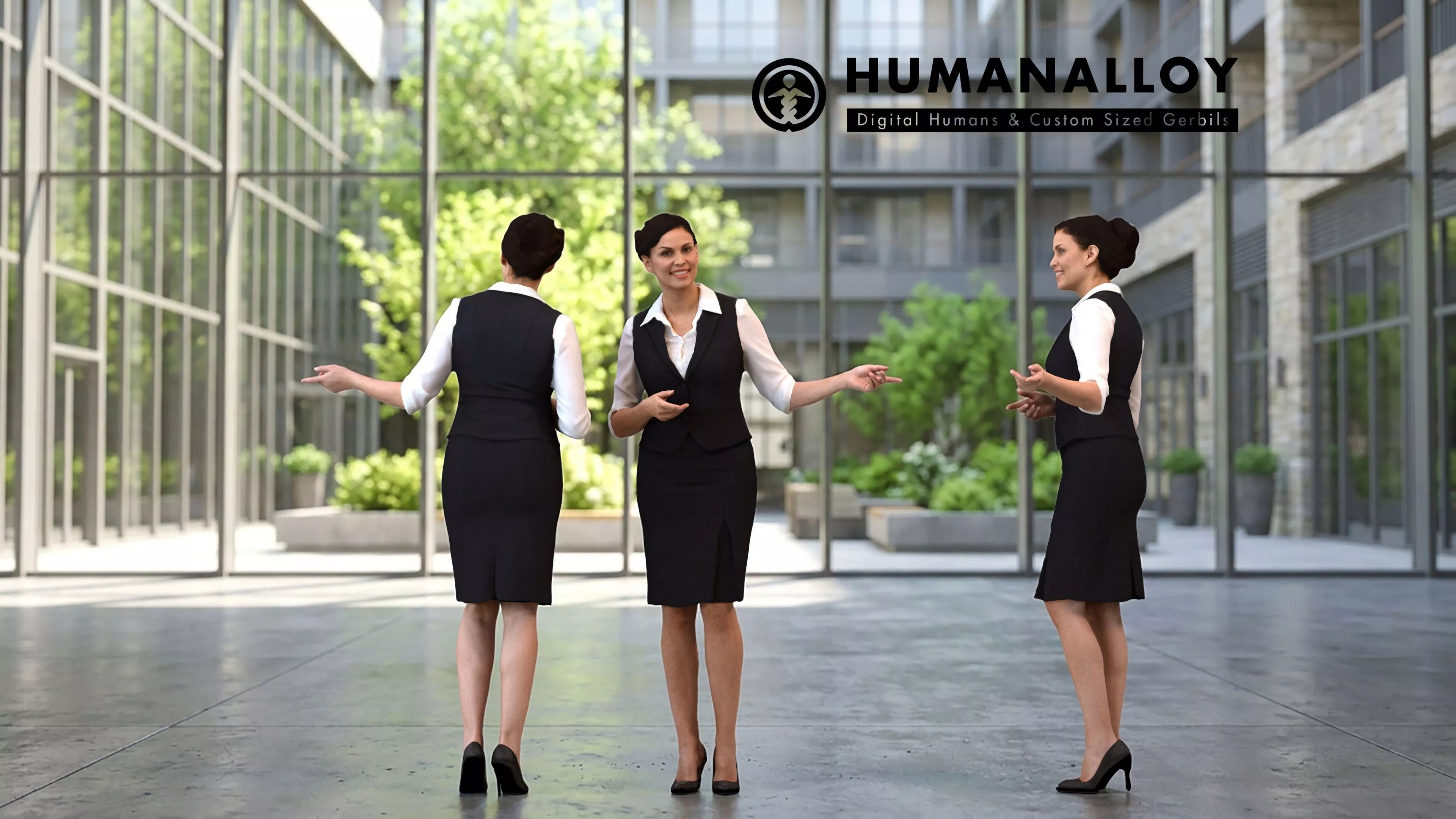 Adult Caucasian woman presenting in hospitality setting wearing 3D model