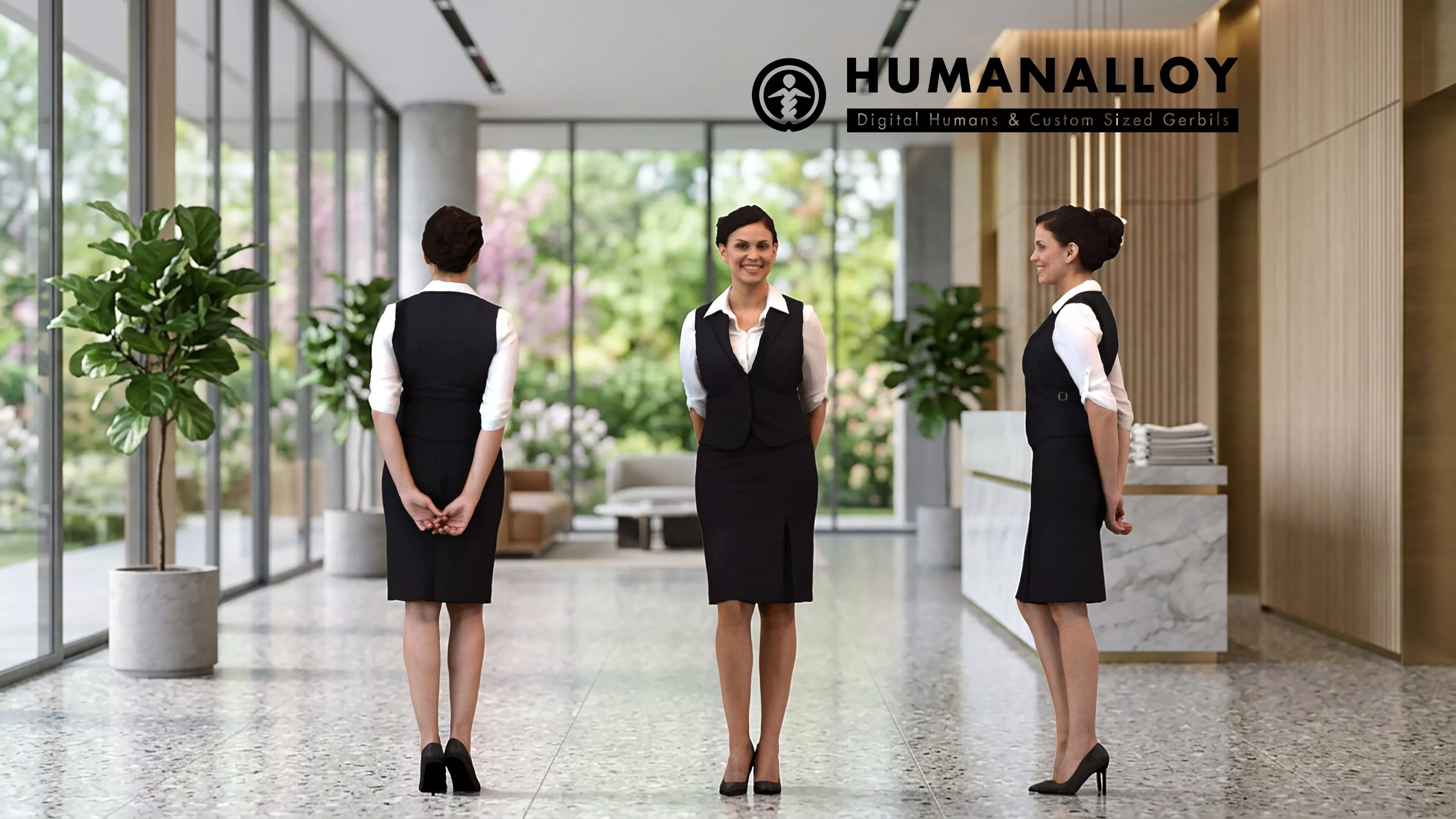 Adult Caucasian woman waiting in hospitality setting wearing 3D model