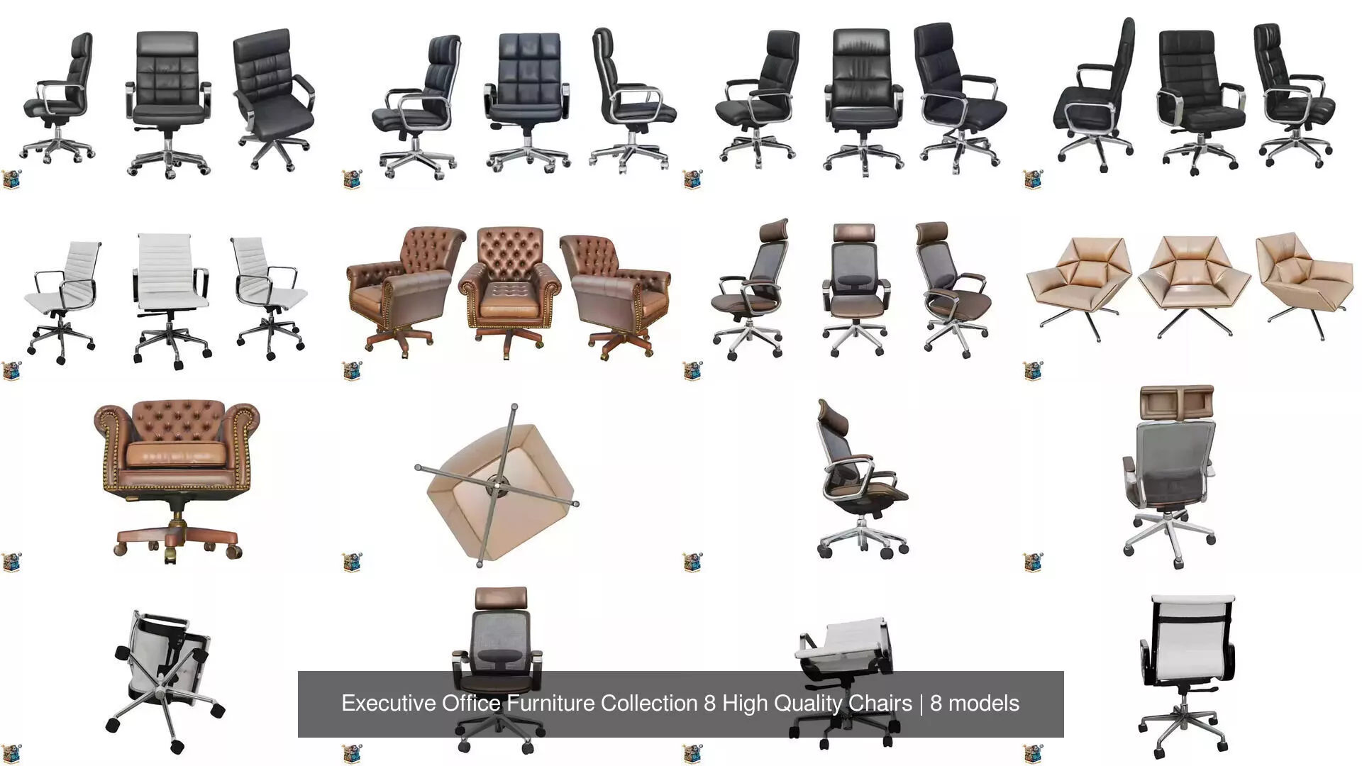 Executive Office Furniture Collection 8 High Quality Chairs 3D Model Pack