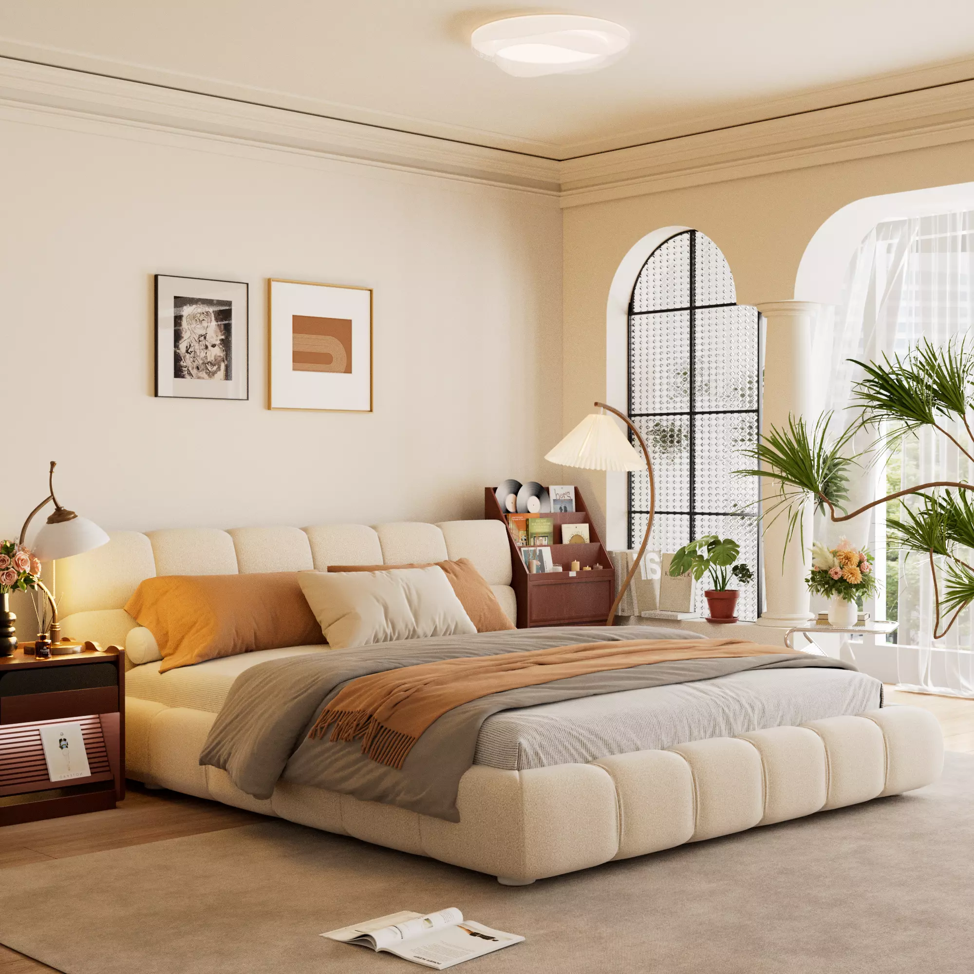 Cream Bubble Bed Warm Cream Minimalist Bedroom Interior 3D Scene 3D model