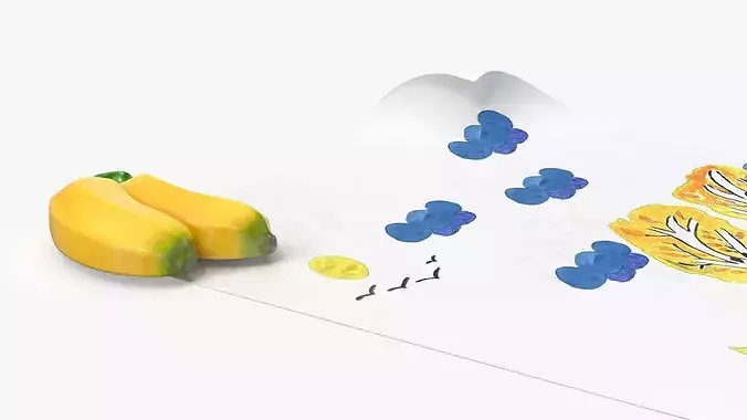 Autumn Forest Kids Drawing on Paper and Banana Magnet 3D model 5