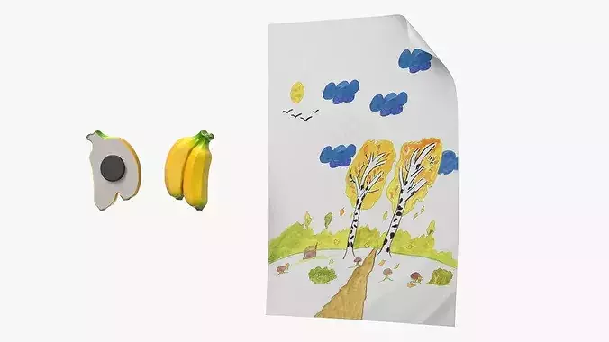 Autumn Forest Kids Drawing on Paper and Banana Magnet 3D model 6