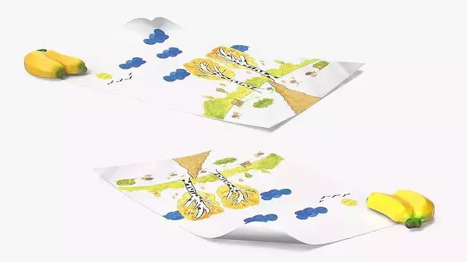 Autumn Forest Kids Drawing on Paper and Banana Magnet 3D model 4