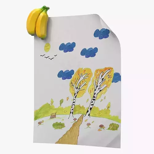Autumn Forest Kids Drawing on Paper and Banana Magnet 3D model 7