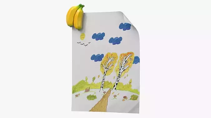 Autumn Forest Kids Drawing on Paper and Banana Magnet 3D model