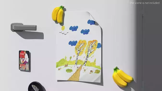 Autumn Forest Kids Drawing on Paper and Banana Magnet 3D model 2