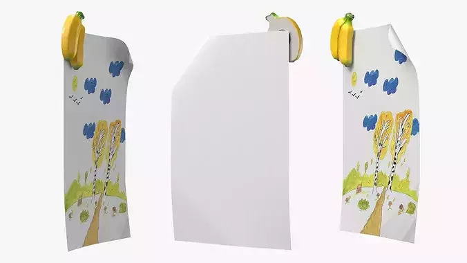 Autumn Forest Kids Drawing on Paper and Banana Magnet 3D model 3