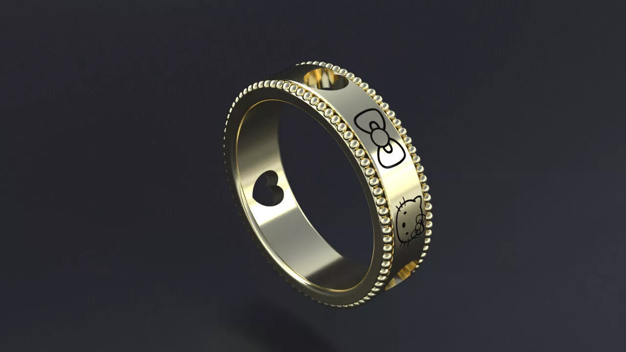Charming Kawaii Cat Yellow Gold Band Ring with Heart Cutouts 3D print model