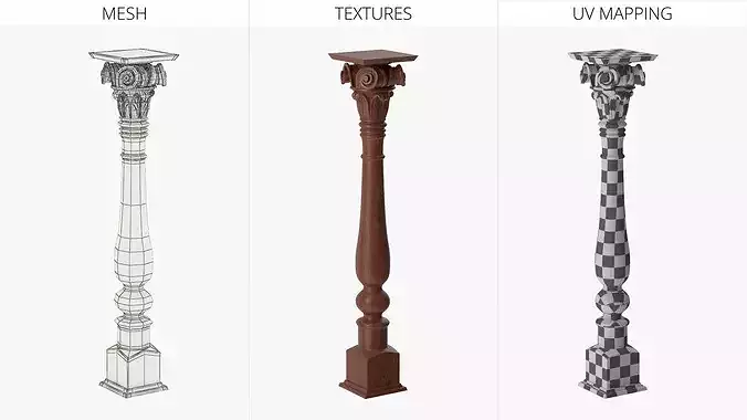 Classical Table Leg With Scroll Carving Walnut Brown 3D model 6