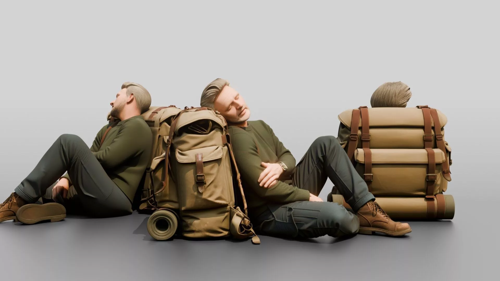 Homeless Man Asleep Leaning Against a Canvas Pack 3D model