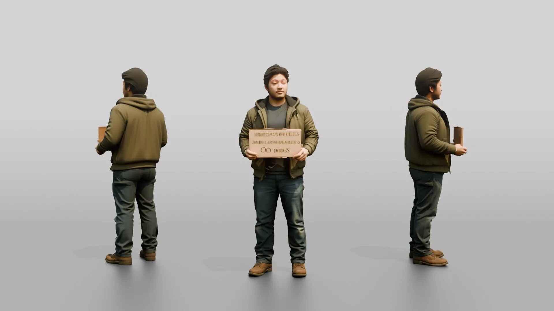 Homeless Man Holding Out a Cardboard Sign 3D model