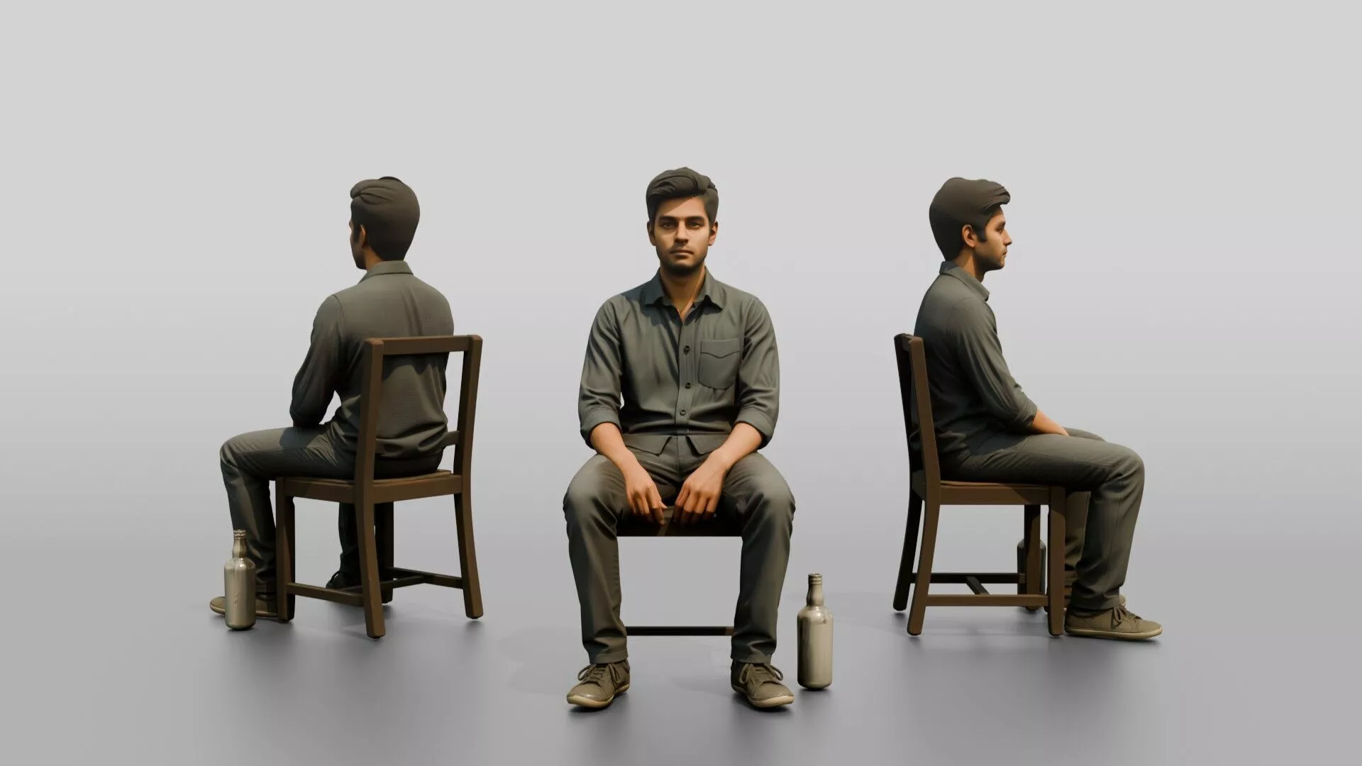 Homeless Man Staring Blankly with an Empty Bottle Nearby 3D model