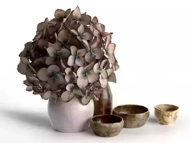 Vases with Hydrangea Flowers and Bowl Set 3D model
