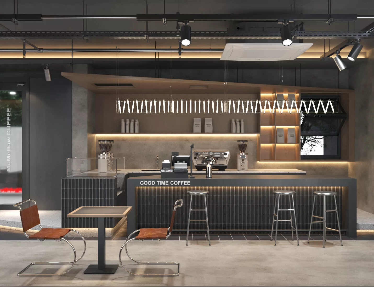 coffee shop blending industrial and wabi-sabi styles 3D model