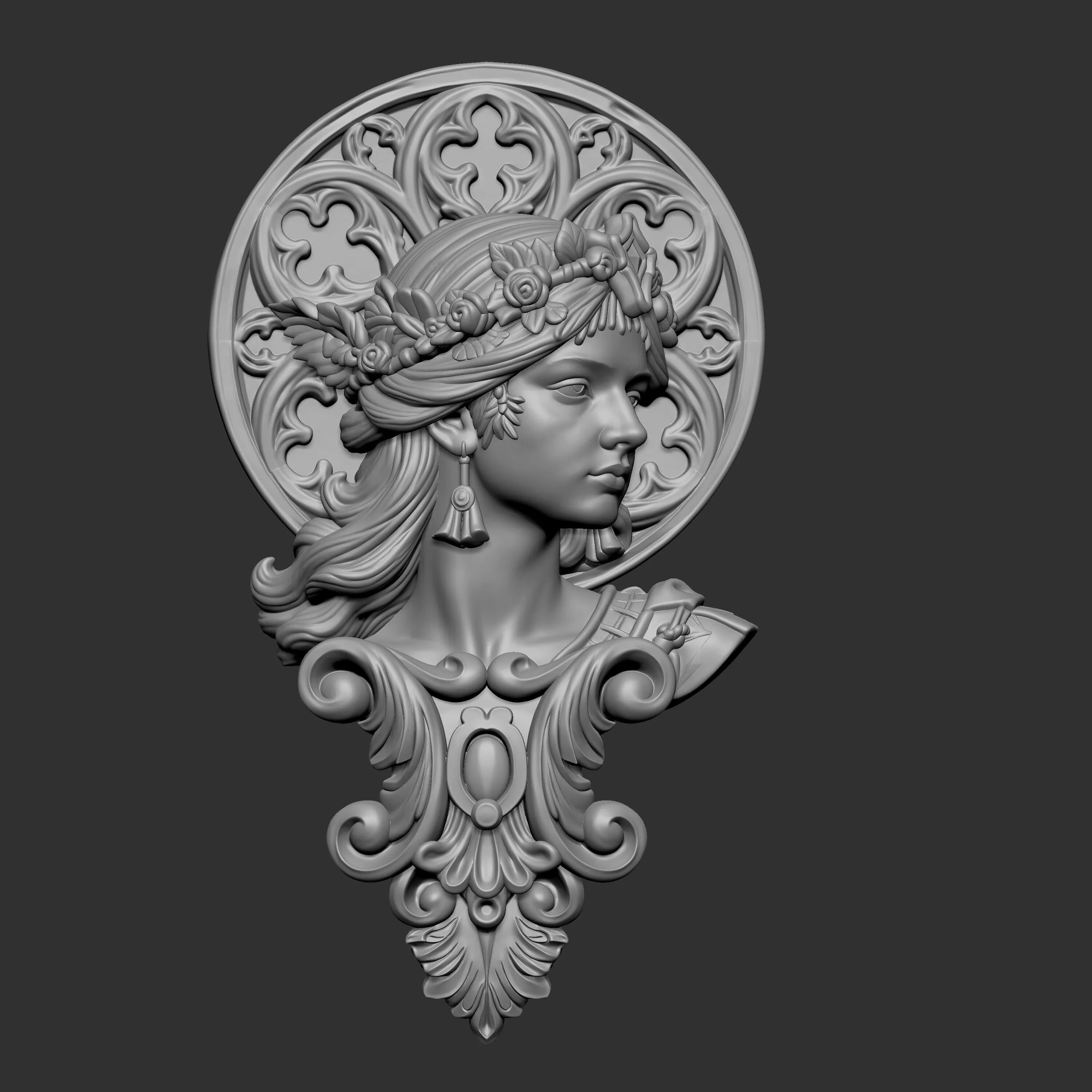 central bust portrays a young woman in profile 3D print model