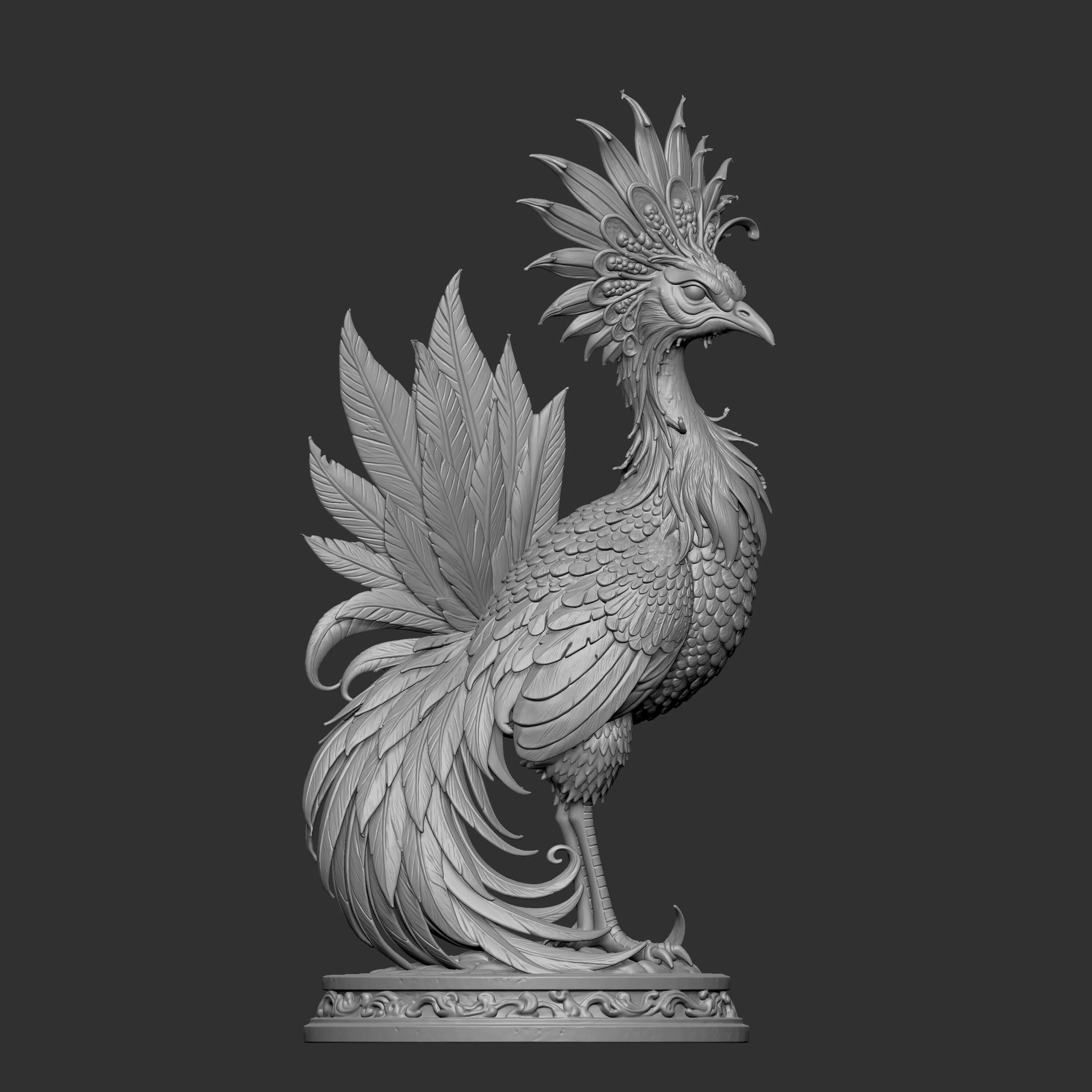 3D digital sculpture of a mythical Phoenix or stylized peacock 3D print model