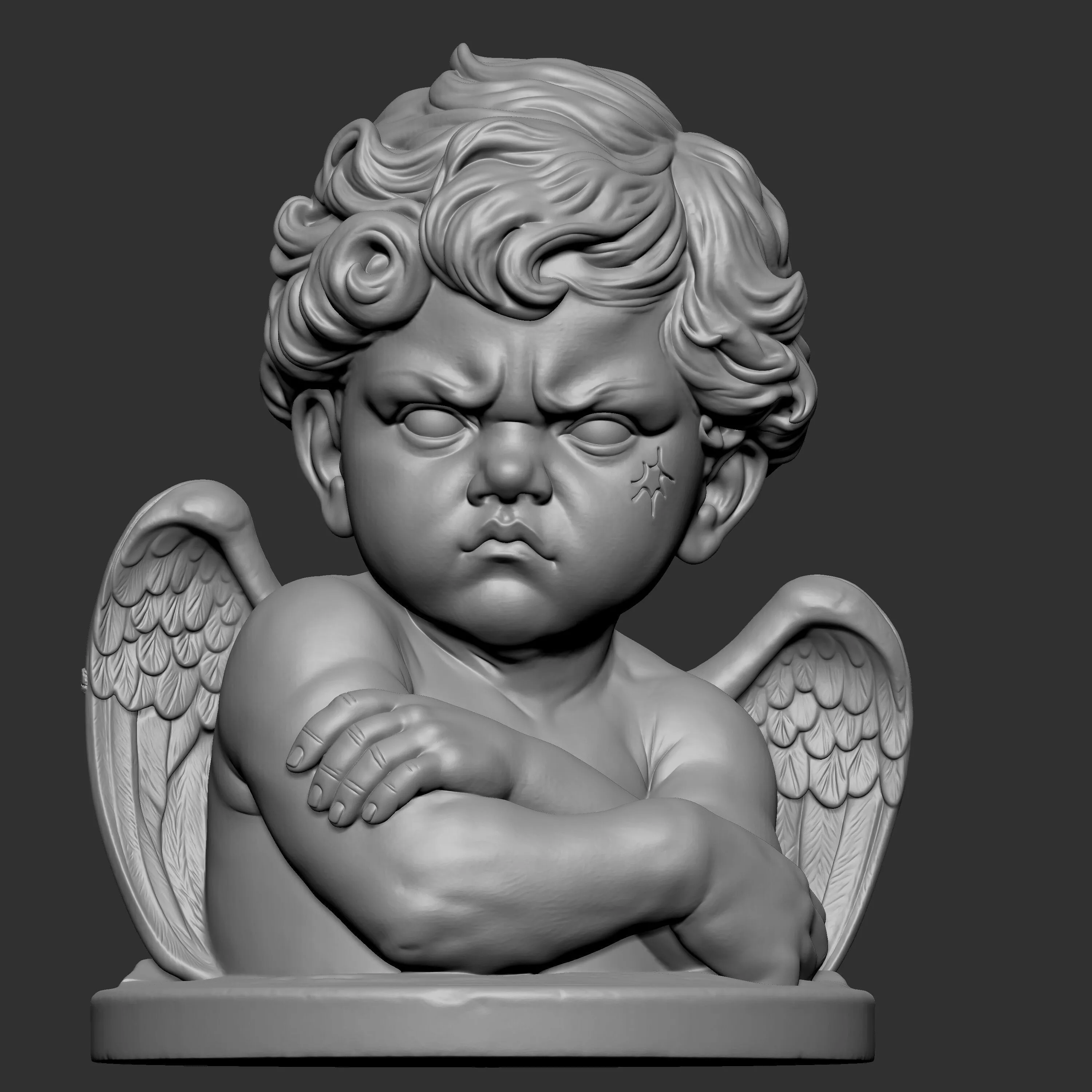 sculpt depicts an angry cherub bust styled 3D print model