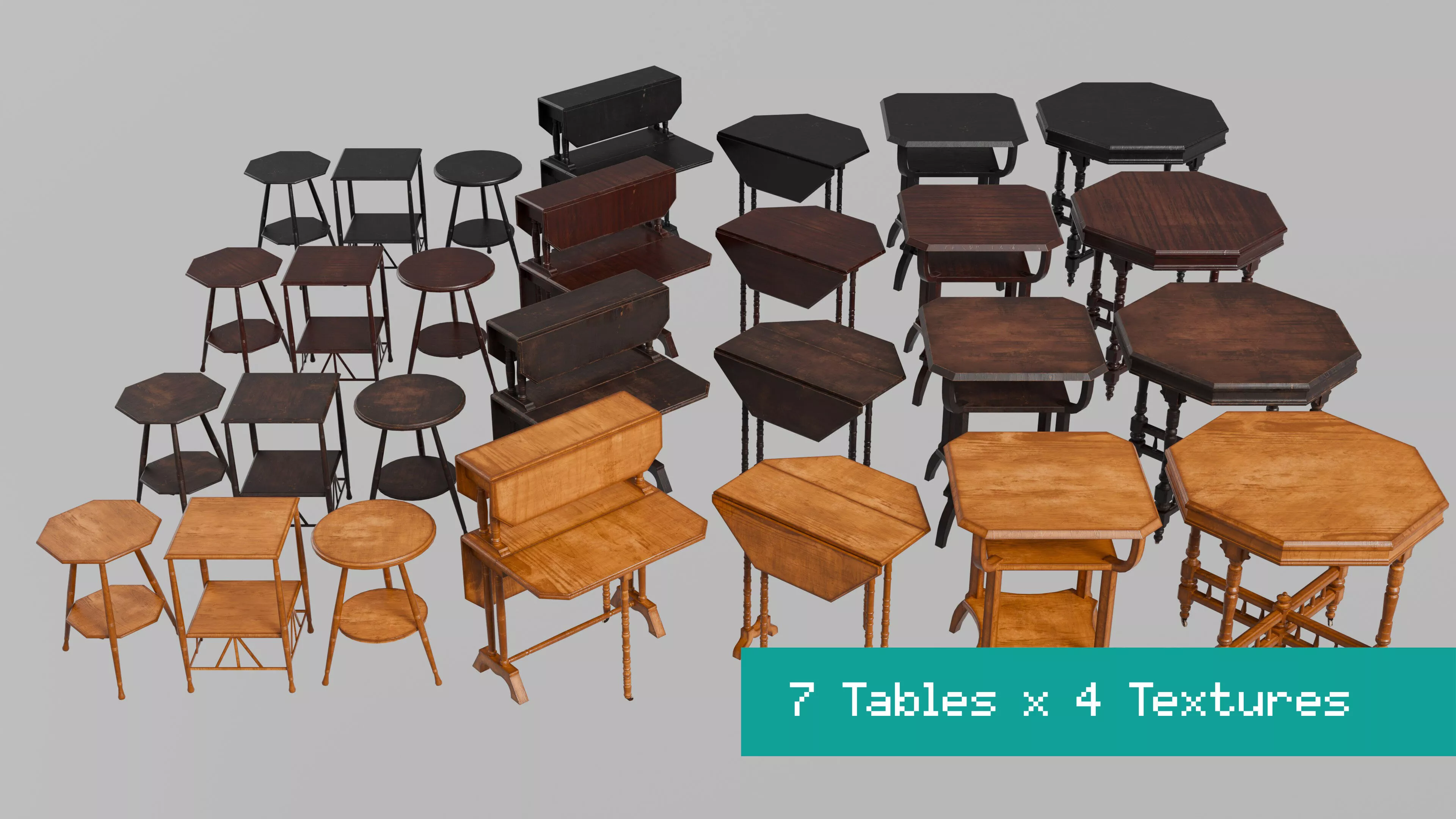 Victorian Table Collection Pack 7 Antique Wooden Tables Low-poly 3D model