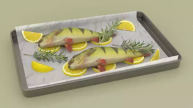Fresh Yellow Perch with Lemon and Rosemary on Baking Tray 3D model 7