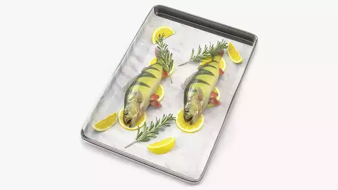 Fresh Yellow Perch with Lemon and Rosemary on Baking Tray 3D model 2